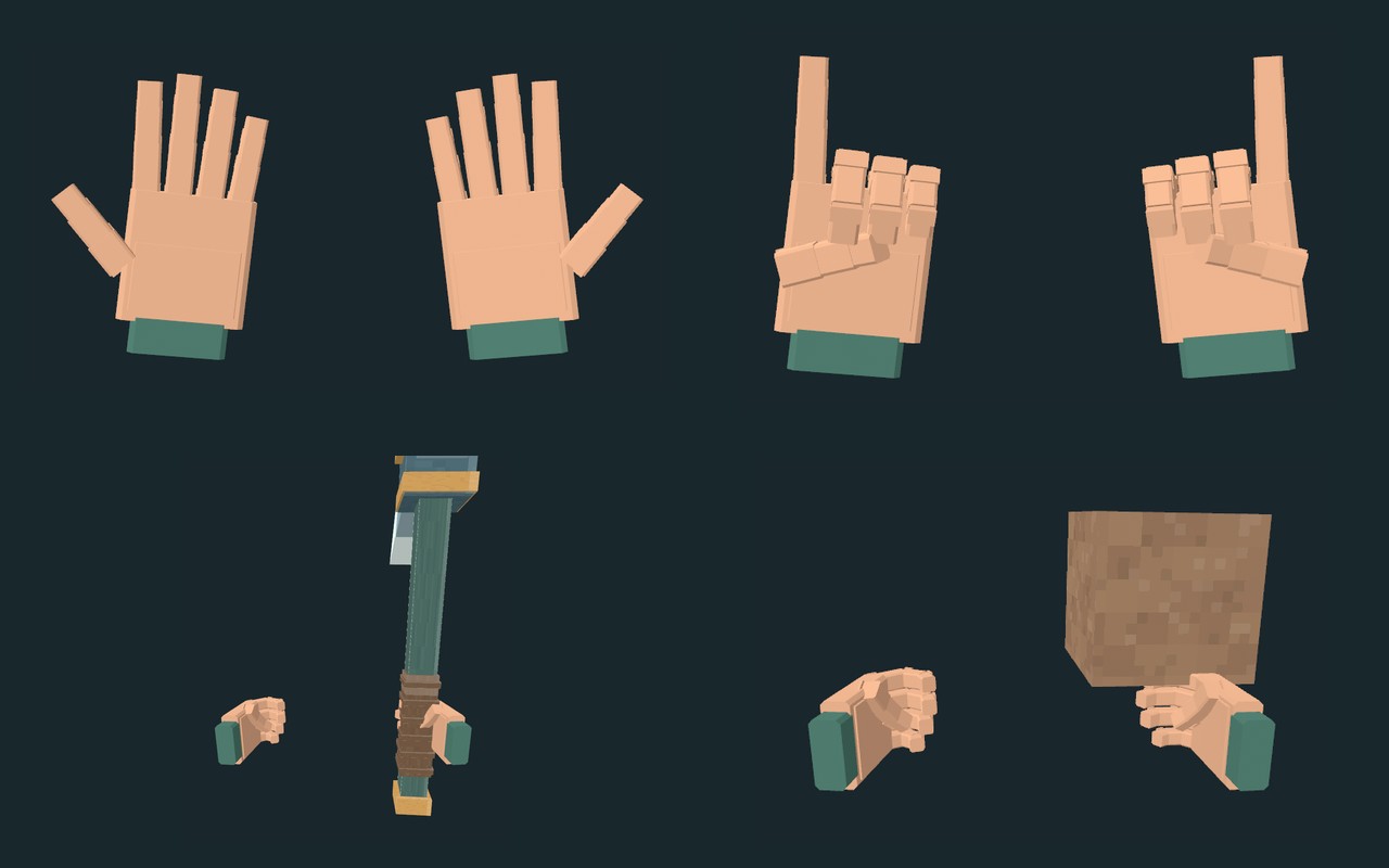 The VR hands: open, pointing, gripping a pickaxe, holding a block.